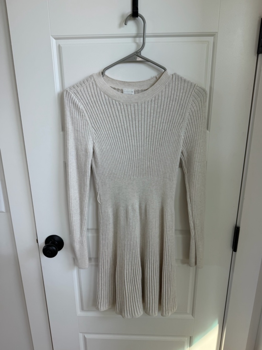 AF Crewneck Ribbed Knit Fit-and-Flare Dress in Cream